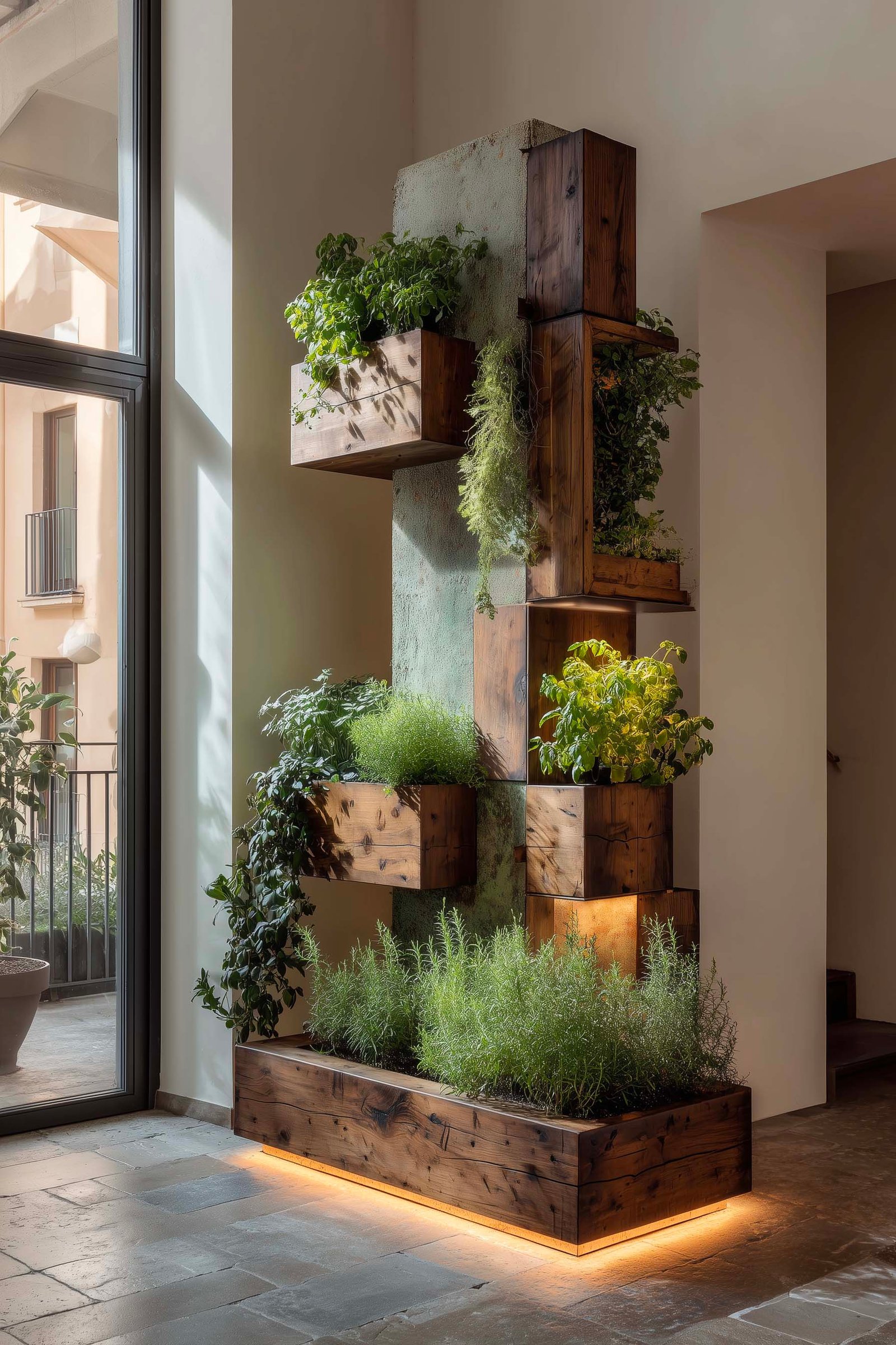 Booklet editoriali su consolle milanese con fioriera Lignum in noce affumicato e Laurus nobilis, mensola in Acciaio Brunito, luce pomeridiana — Paracelsus Gardens™