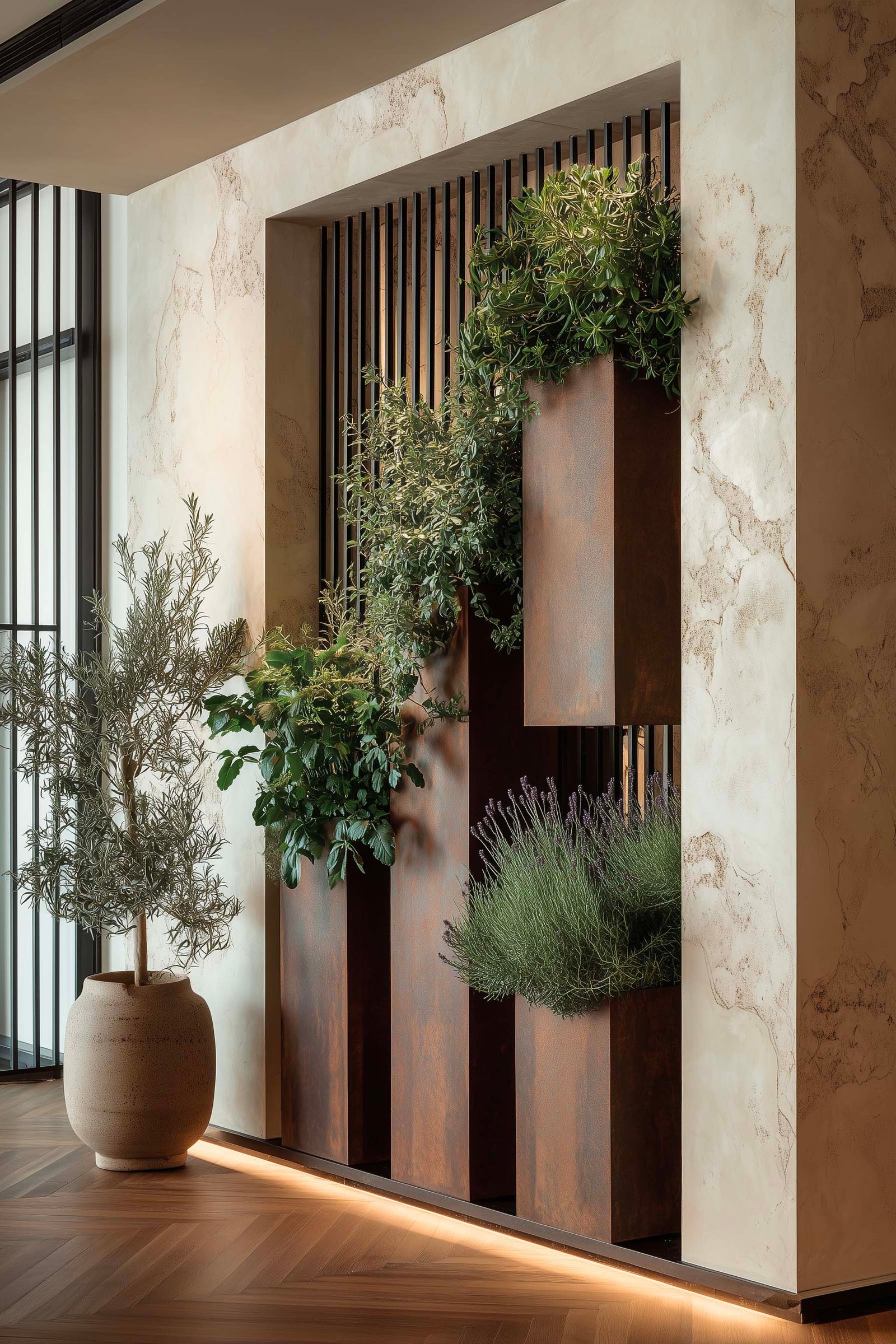 Dettaglio di partizione modulare in noce affumicato con Rosmarinus officinalis e Lavandula angustifolia, montanti in Acciaio Brunito e LED integrato — Paracelsus Gardens™