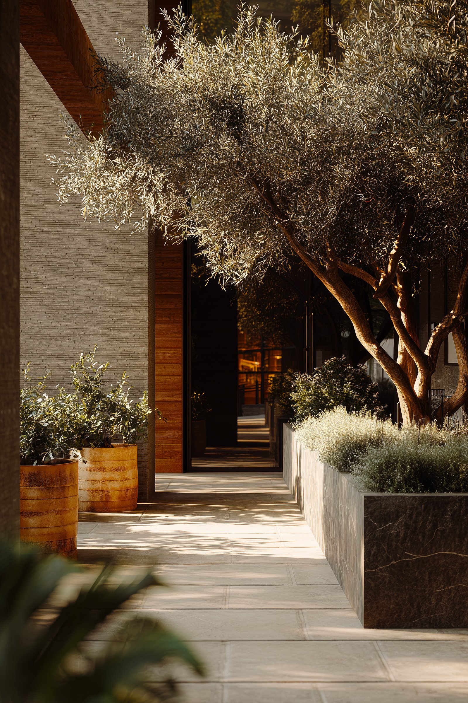 Editorial vertical image illustrating a contained architectural moment shaped by botanical framing