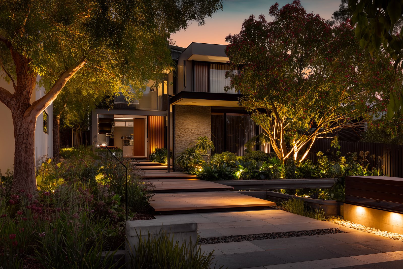 Evening: warm glow across materials and botanical structure