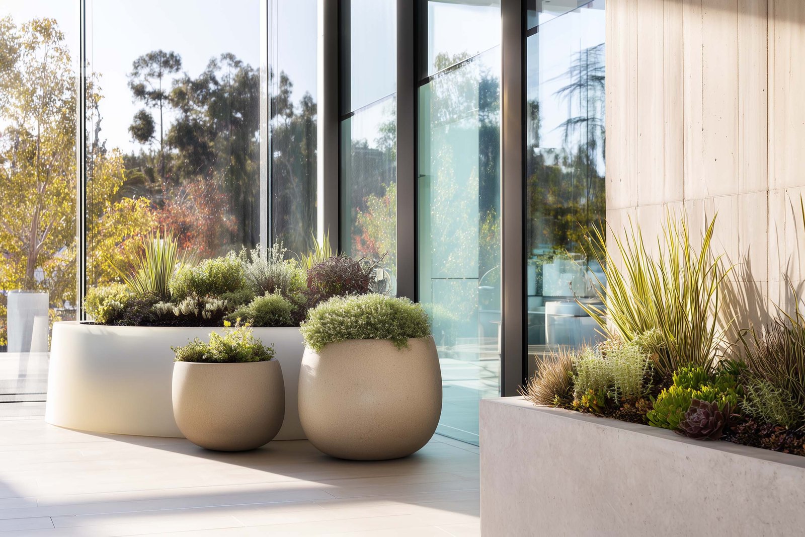 Refined mineral and composite architectural elements combined with living plants in a minimalist Californian design language