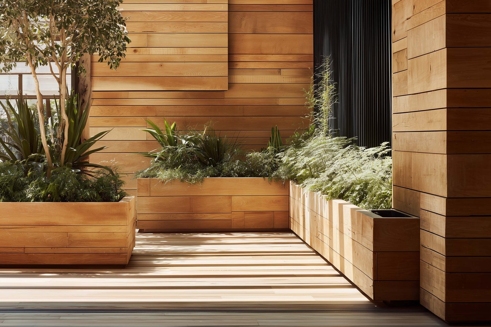 Contemporary Californian space structured by warm wood surfaces and integrated botanical architecture creating rhythm and calm
