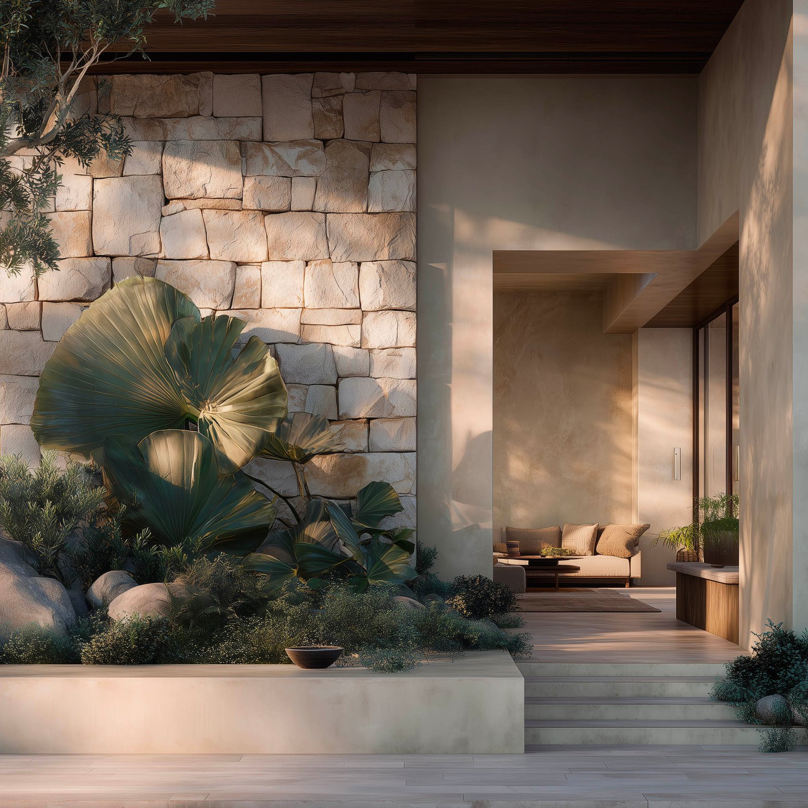 Botanical intelligence combining plants, stone and light.