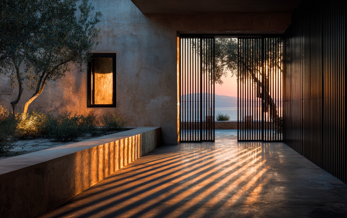 Golden hour shadows of olive branches on stucco lustro ivory wall, Mediterranean coast — Paracelsus Gardens™