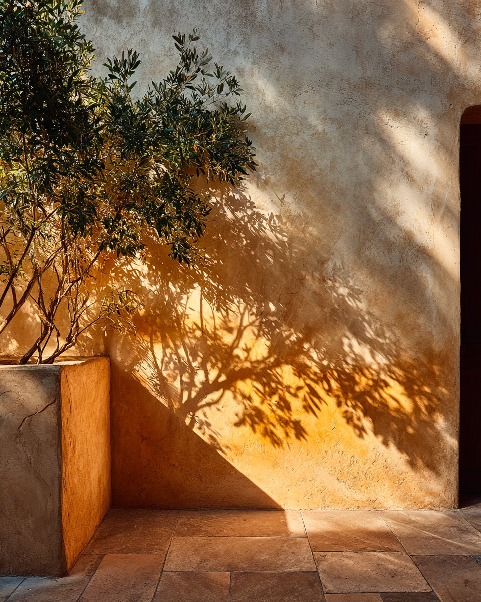 Abstract light study — golden hour shadows of Olea branches across warm stucco lustro wall — Paracelsus Gardens™