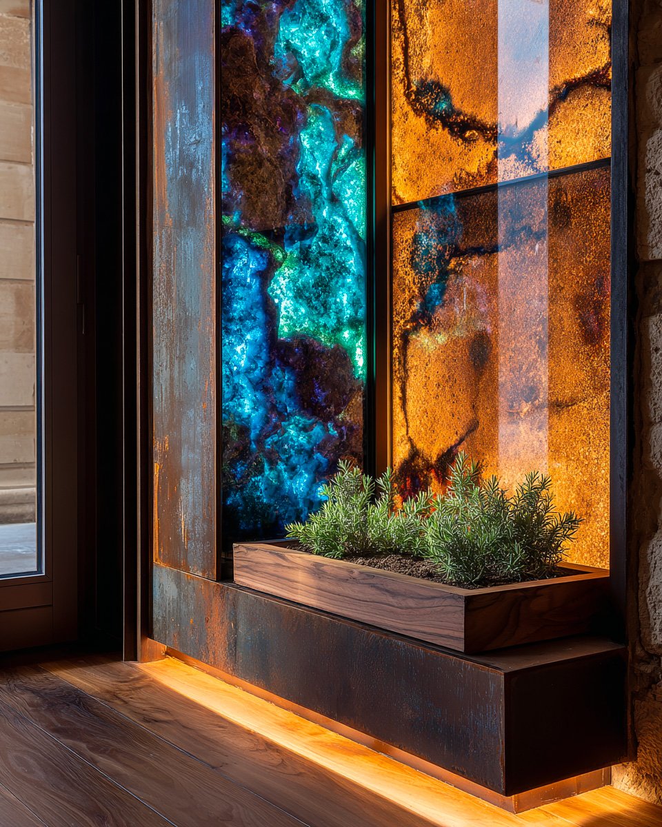Studio detail — close fragment of Hortus Velum Lumen showing bicolor Murano incalmo glass and Acciaio Brunito frame — Paracelsus Gardens™