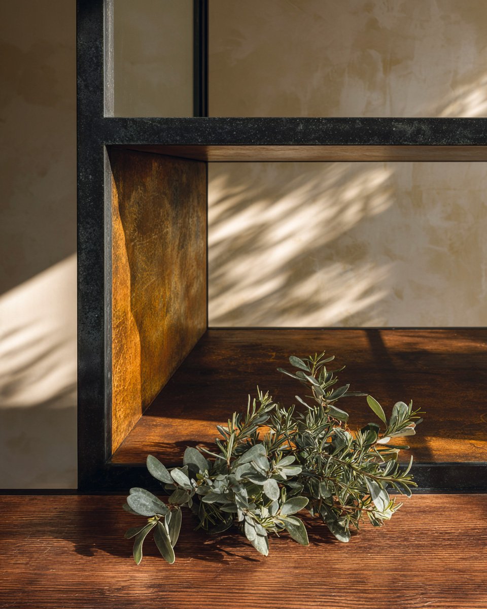 Studio detail — fragment of Hortus Velum in Acciaio Brunito against stucco lustro wall — Paracelsus Gardens™