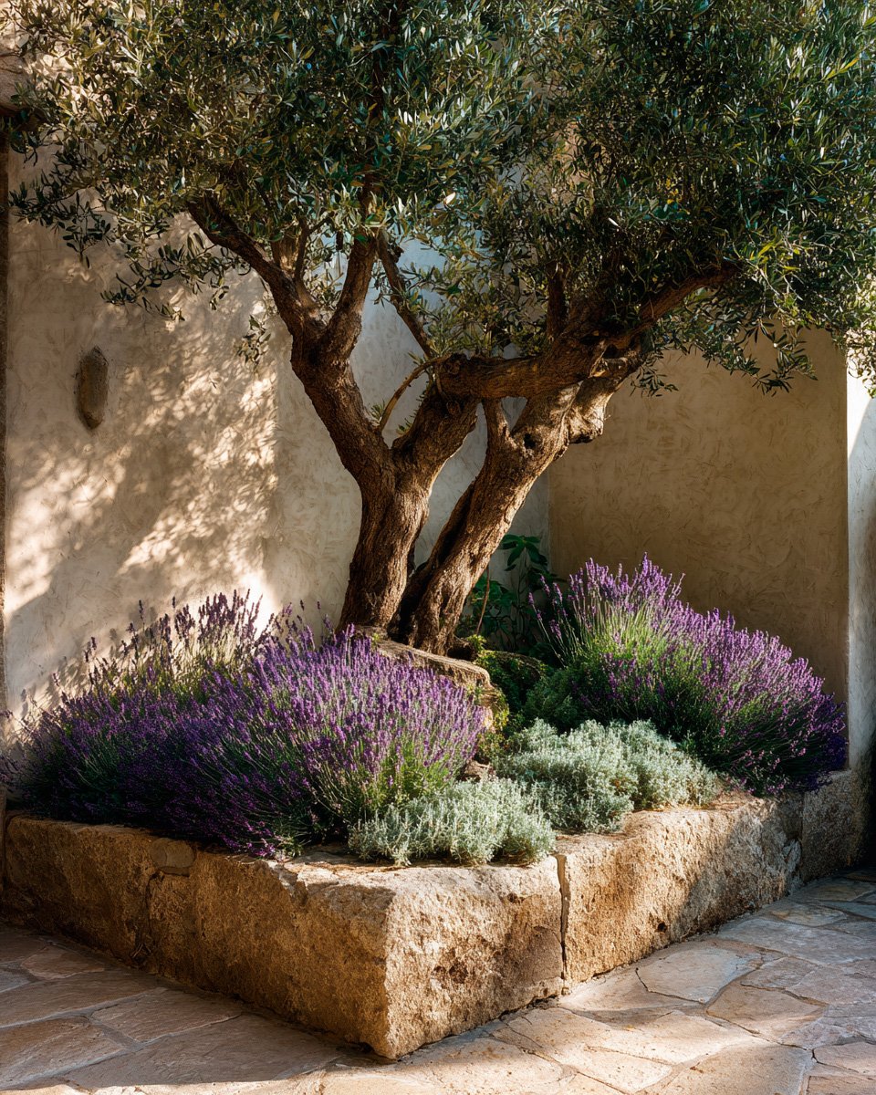 Stratified botanical composition — Olea europaea, Lavandula angustifolia, Helichrysum italicum in a Pietra Serena raised bed — Paracelsus Gardens™
