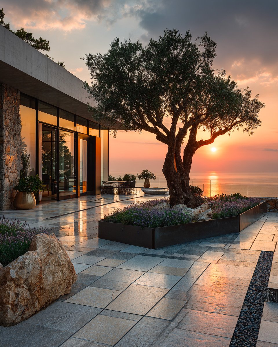 Atmospheric architectural scene — Mediterranean villa terrace at dusk with Hortus Velum Porta and mature Olea europaea — Paracelsus Gardens™