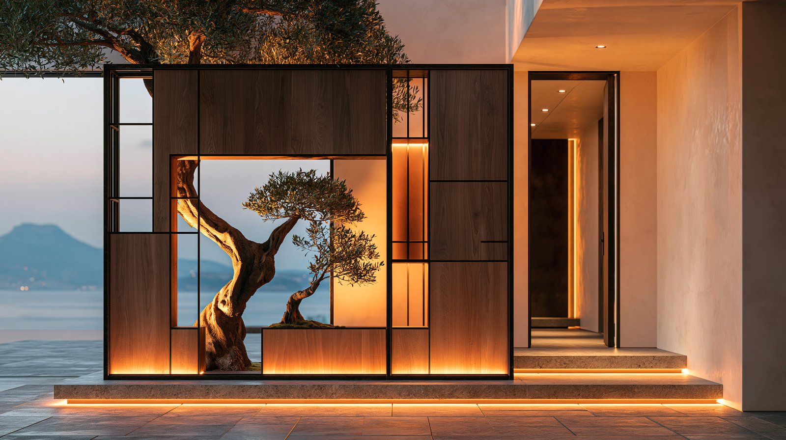 A detail of Hortus Velum Arcana — Acciaio Brunito frame and Olea europaea in a Mediterranean villa at dusk — Paracelsus Gardens™