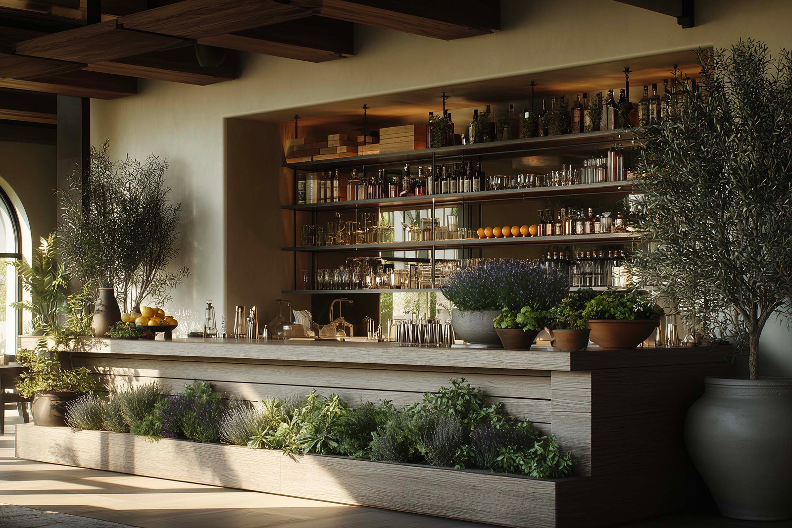 Botanical mixology ritual using fresh herbs and aromatic plants