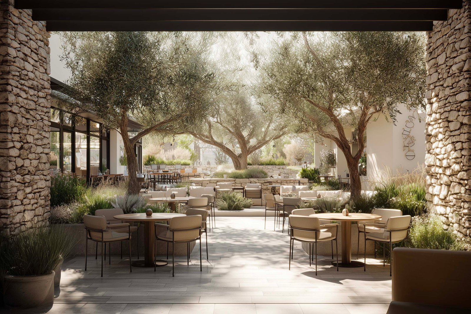 Open-air restaurant courtyard in Malibu designed as a calm botanical threshold, blending Californian vegetation, textured stone walls and soft natural light.