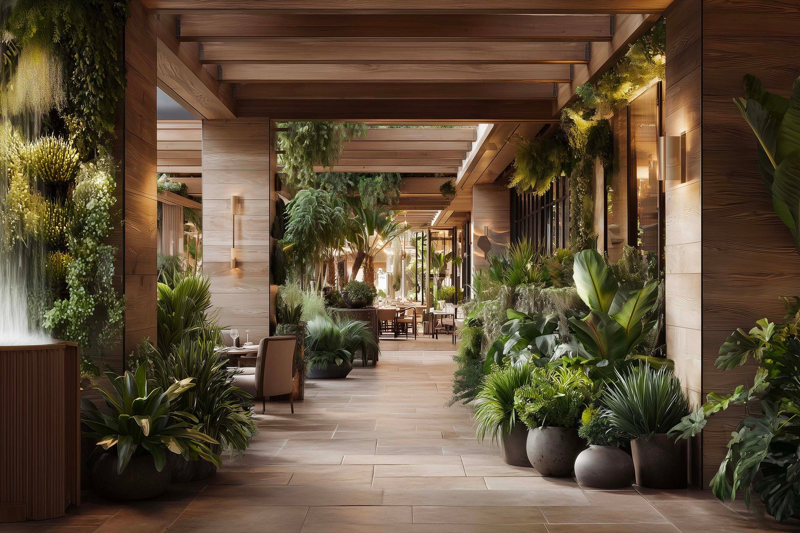Contemporary restaurant terrace in Los Angeles at early evening, where integrated architectural lighting and Californian plants shape a warm and immersive arrival atmosphere.