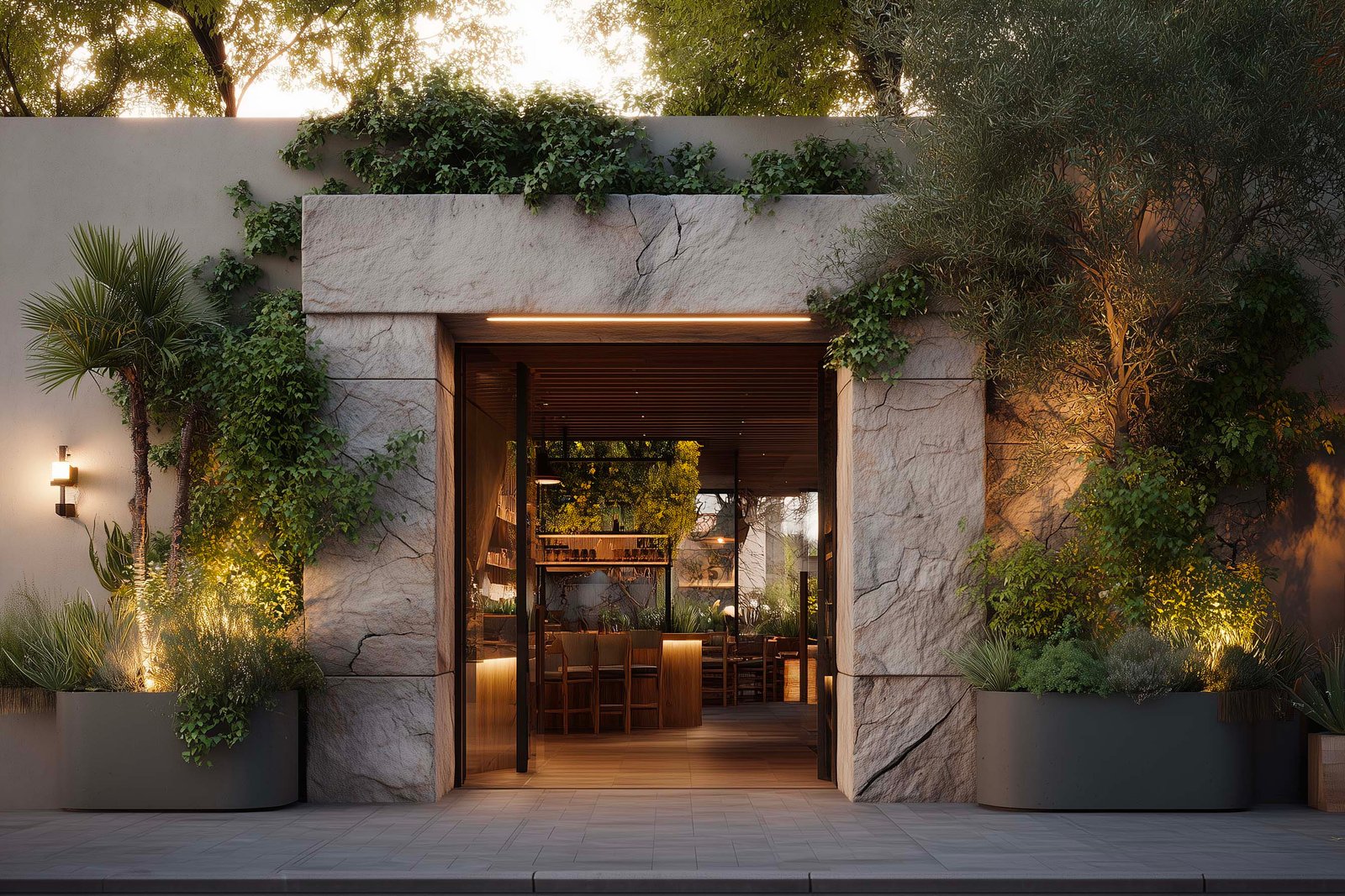 Botanical restaurant entrance designed as a calm threshold shaping the first impression of a culinary journey