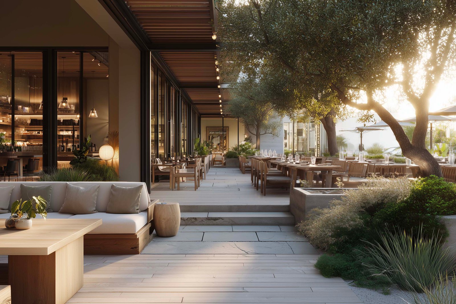 Seamless indoor–outdoor restaurant entrance in Los Angeles, where botanical architecture and natural materials guide guests into a refined dining experience.