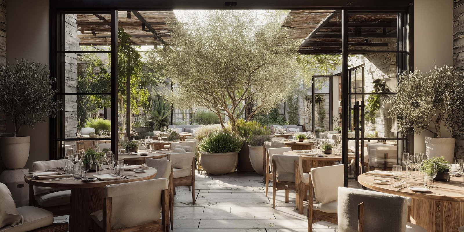 Contemporary Californian restaurant with a seamless indoor–outdoor dining space, where botanical architecture, natural materials and soft light create an immersive culinary experience.