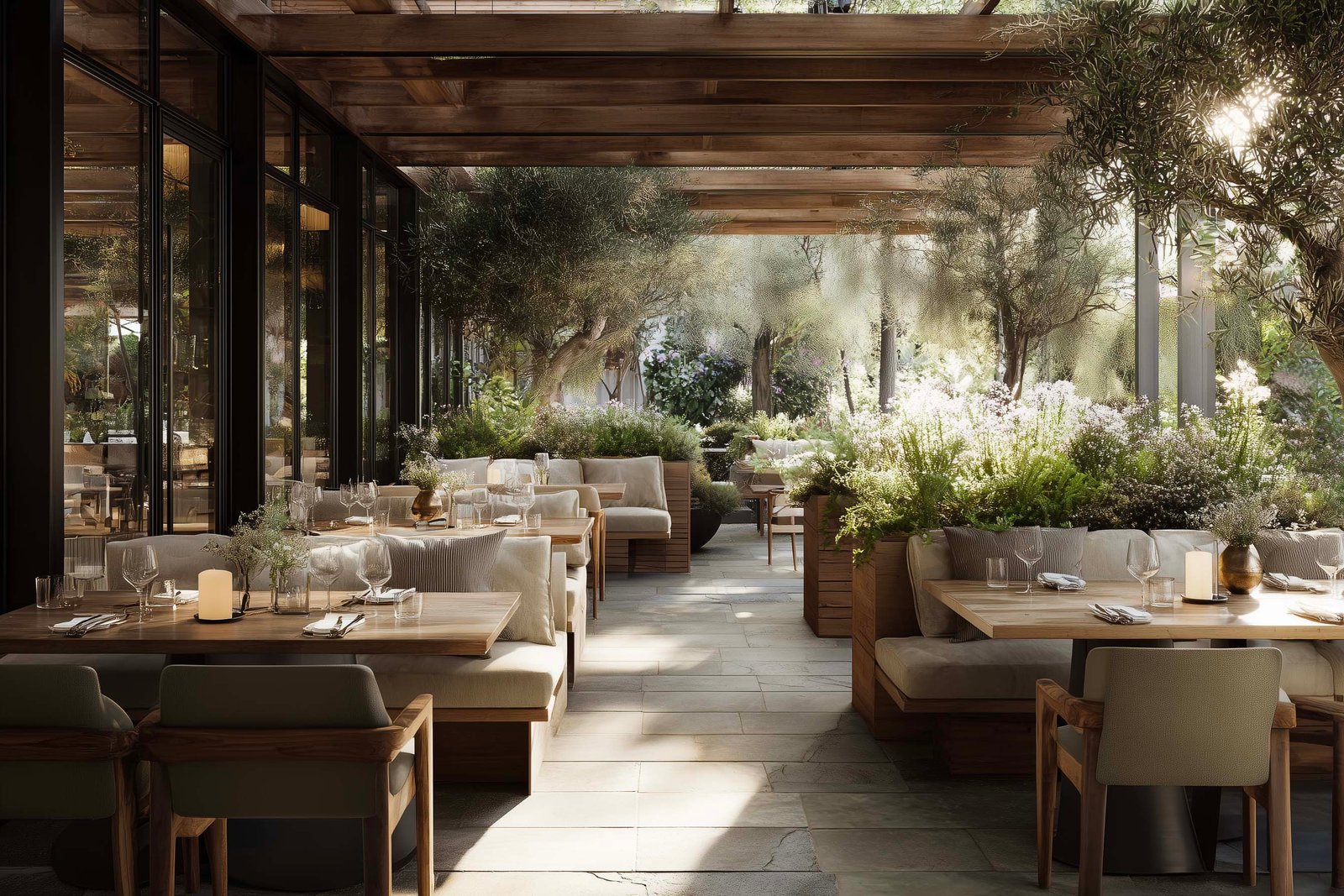 Indoor–outdoor restaurant dining space in Santa Barbara designed as a living botanical landscape, where vegetation structures the experience and connects interior and exterior environments.