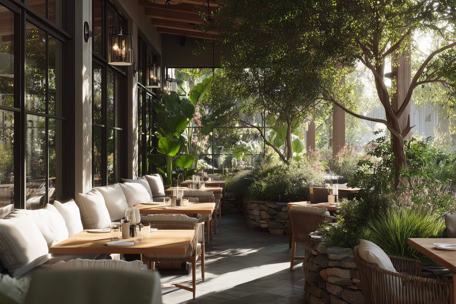 Open-air dining terrace in Malibu conceived as a garden-integrated restaurant space, blending Californian plants, natural materials and a calm, immersive atmosphere.