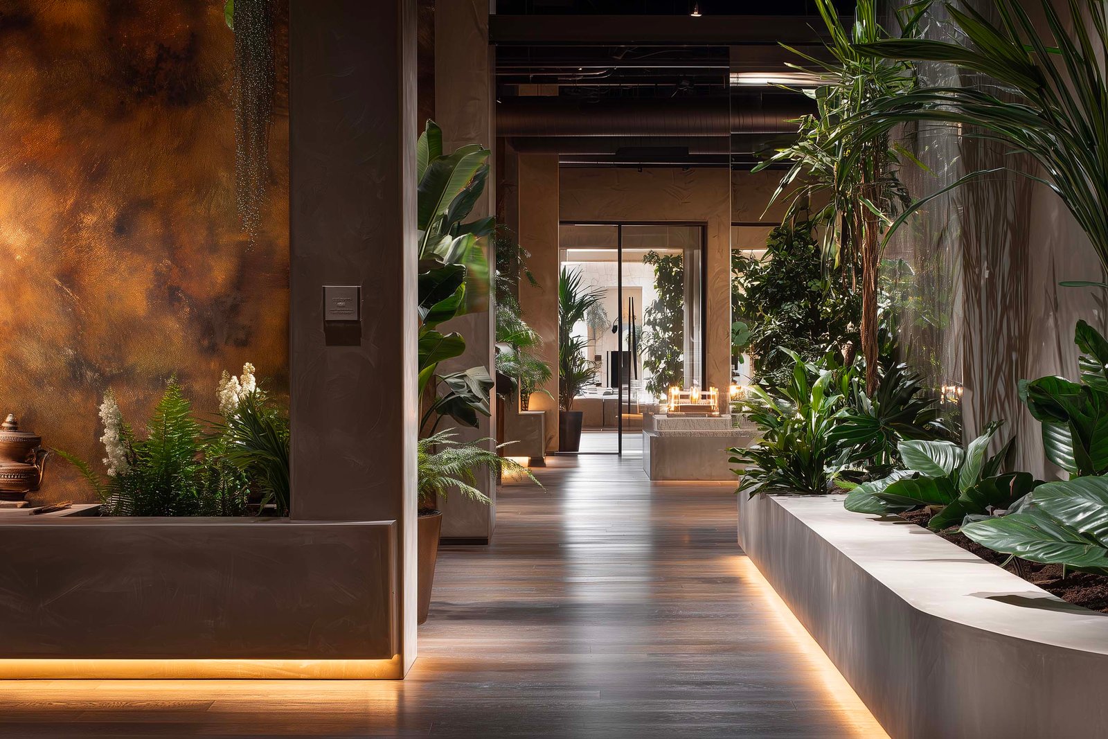 Warm stone and botanical materials shaping spa preparation spaces