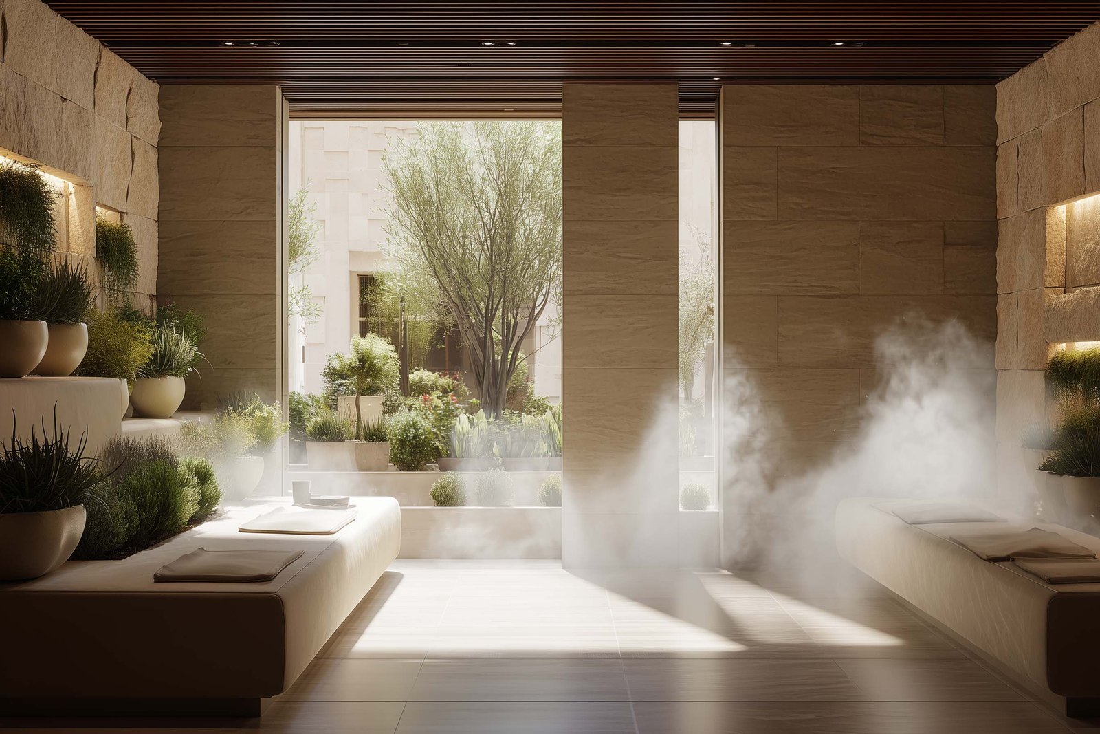 Herbal steam zone with aromatic plants supporting spa activation and circulation