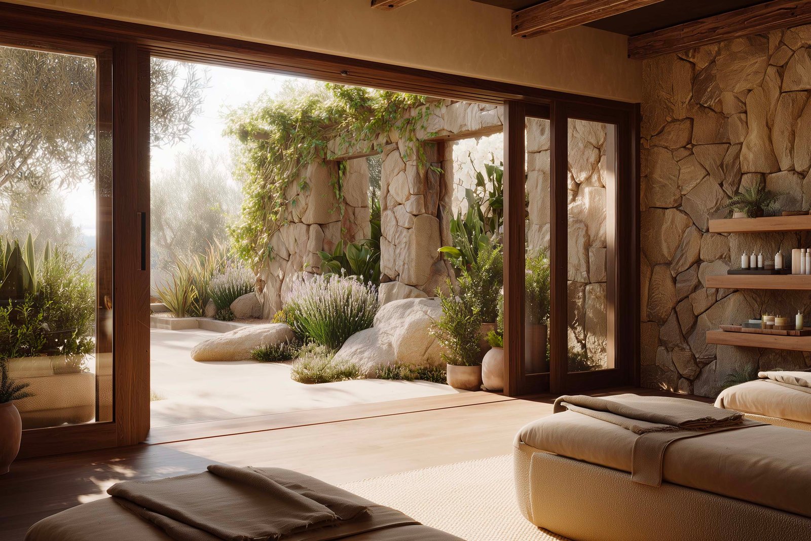 Sun-filtered spa activation space opening toward a garden environment