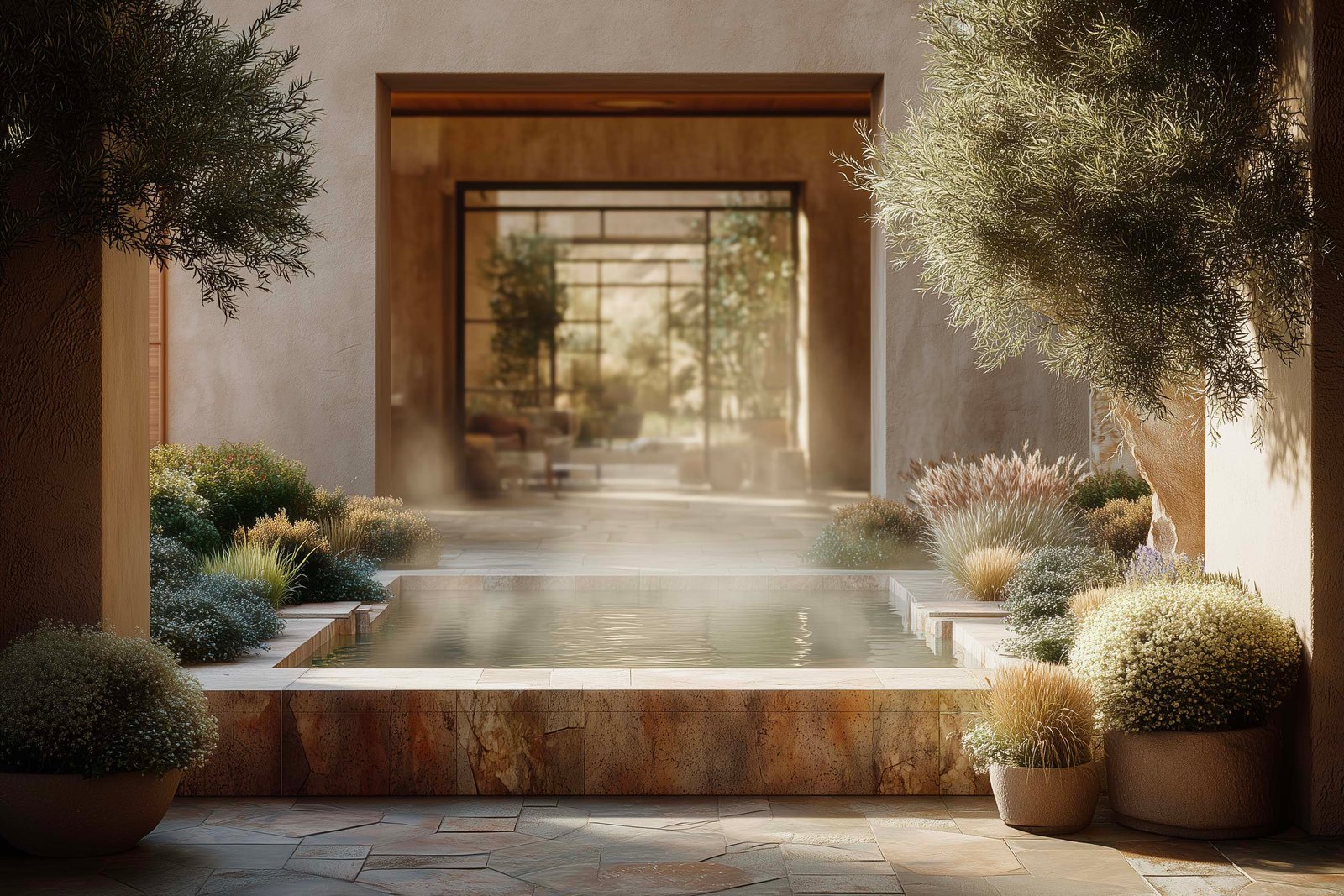 Shaded spa patio designed for sensory deceleration and grounded arrival