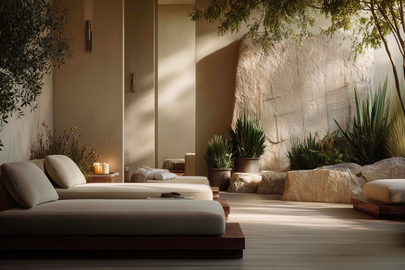 Indoor–outdoor spa arrival space guiding guests into a calm sensory journey