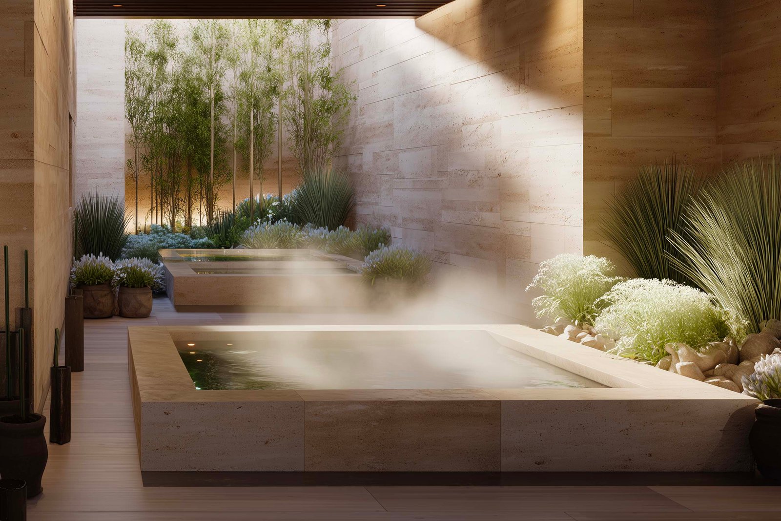 Water basin and soft shadows creating a deep restorative spa atmosphere