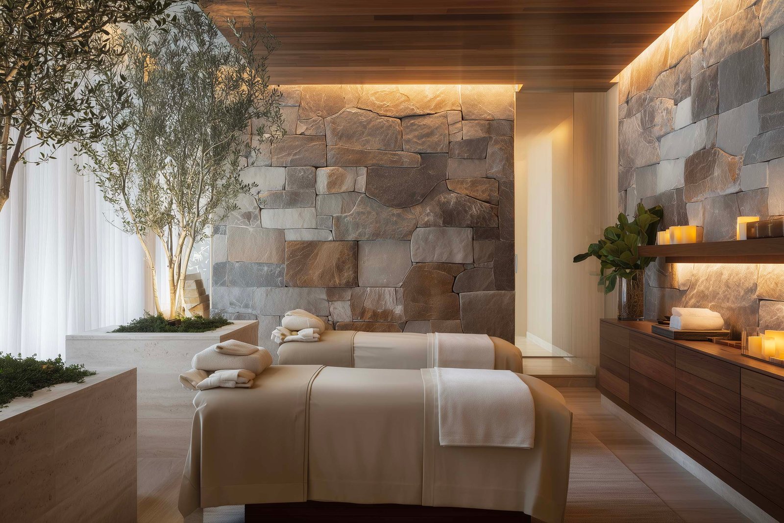 Spa treatment room framed by botanical elements and natural materials