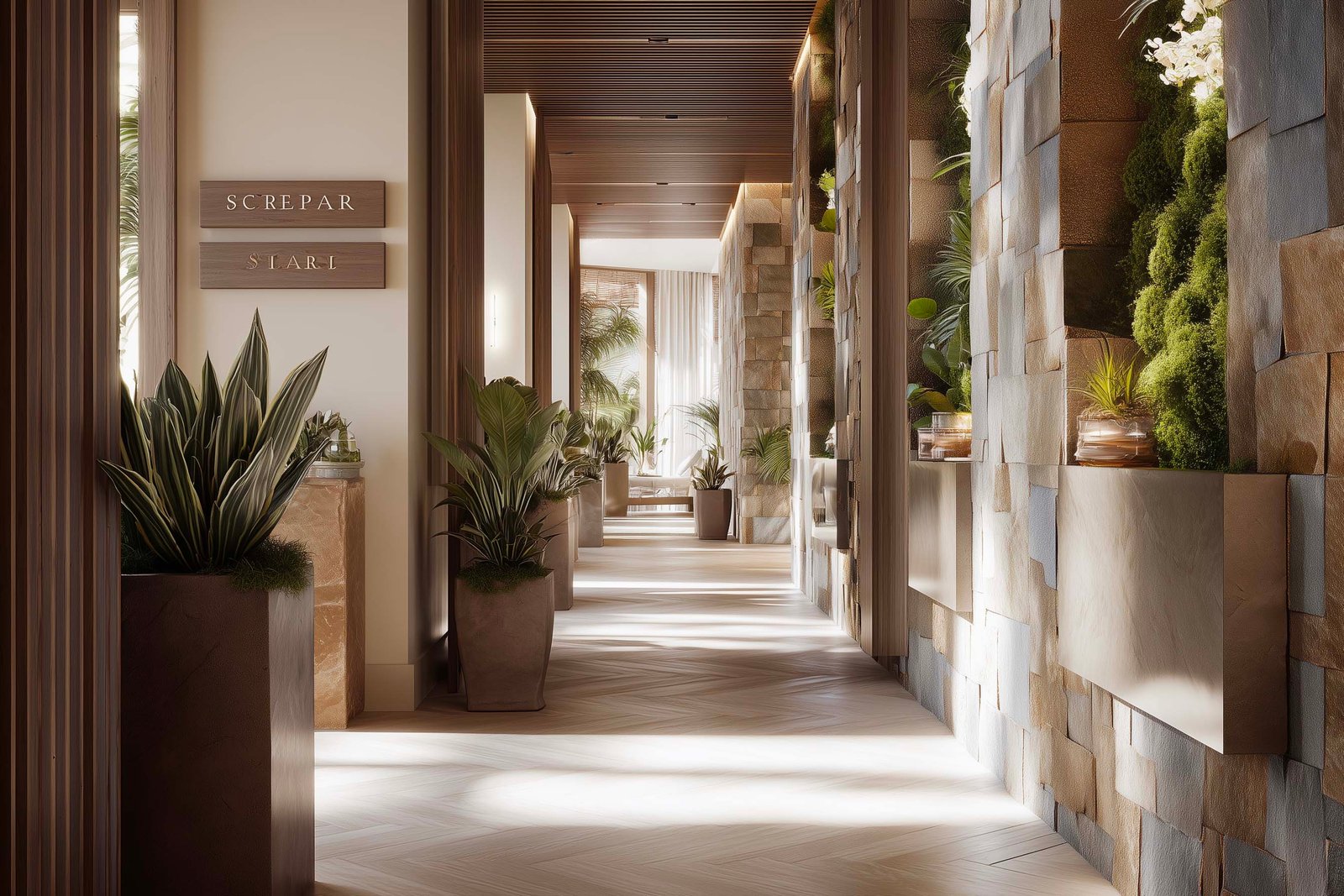 Garden-based spa relaxation space supporting gentle return to awareness