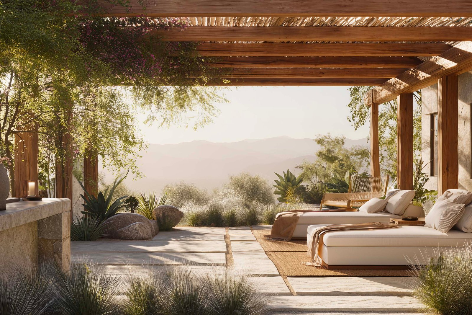 Outdoor spa terrace designed for calm integration and presence