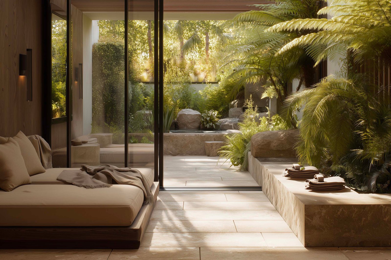 Botanical spa relaxation lounge supporting post-treatment integration