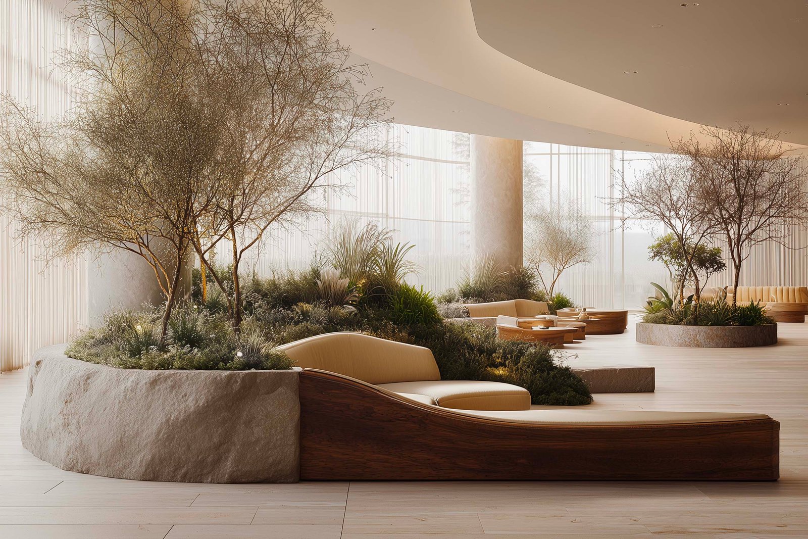 Experimental planter design combining stone, wood and living plants